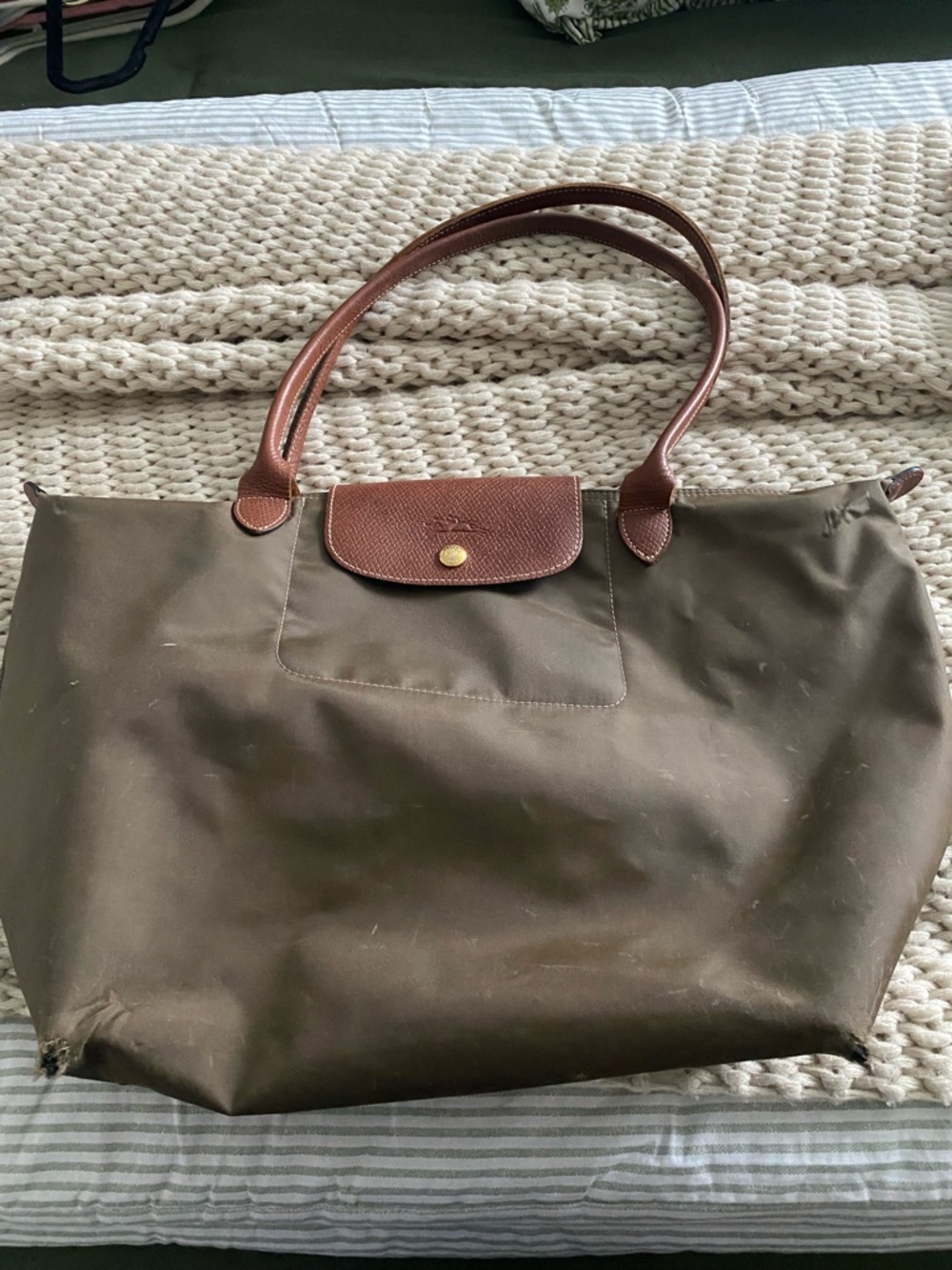 Longchamp Nylon Tote in Olive with Brown Leather Trim